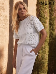 White Short Sleeve Crochet Crew Neck T-Shirt - Image 8 of 9