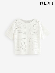 White Short Sleeve Crochet Crew Neck T-Shirt - Image 9 of 9