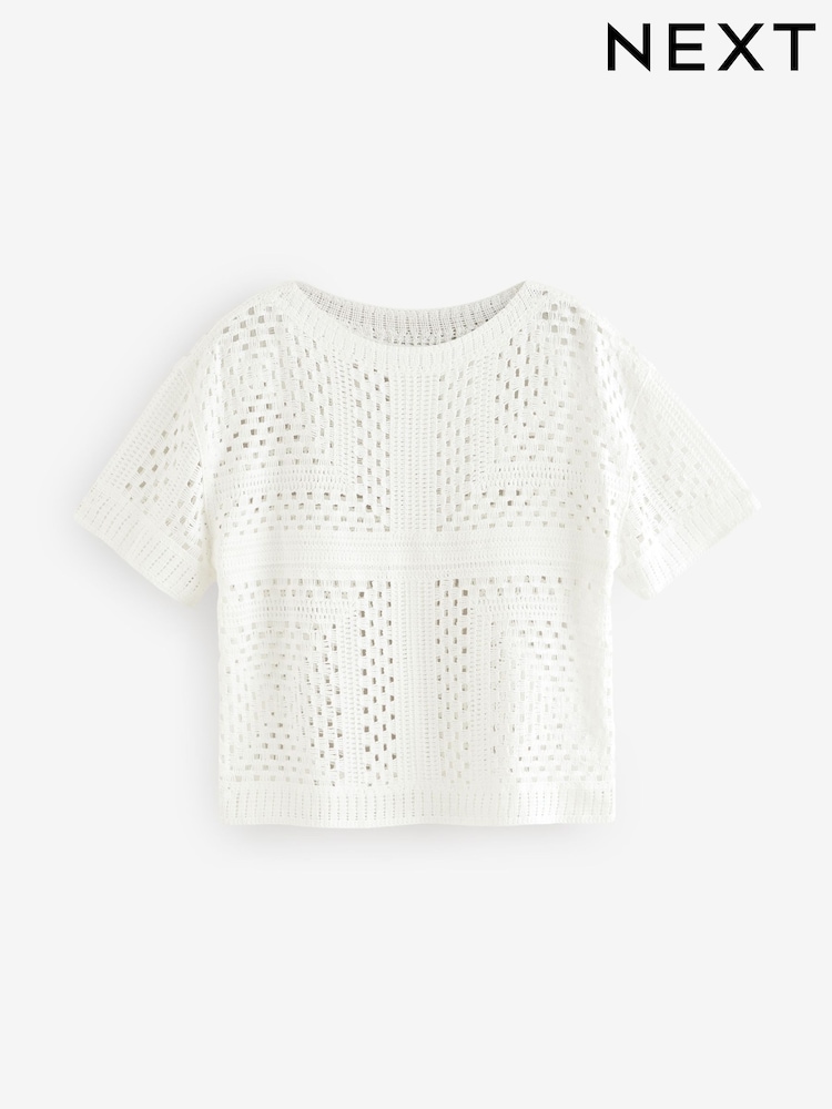 White Short Sleeve Crochet Crew Neck T-Shirt - Image 9 of 9