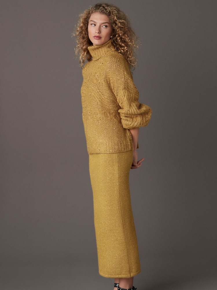 Senfgelb - Neppy gestrickter Pullover mit hohem Rollkragen aus Wolle, kombinierbares Teil - Bild 2 von 9