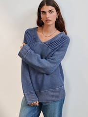 Ecru Washed Seam Detail Relaxed V-Neck 100% Cotton Jumper - Image 1 of 8