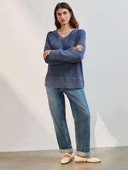 Ecru Washed Seam Detail Relaxed V-Neck 100% Cotton Jumper - Image 2 of 8