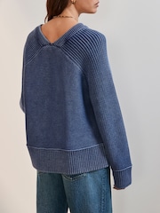 Ecru Washed Seam Detail Relaxed V-Neck 100% Cotton Jumper - Image 4 of 8
