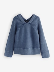 Ecru Washed Seam Detail Relaxed V-Neck 100% Cotton Jumper - Image 6 of 8
