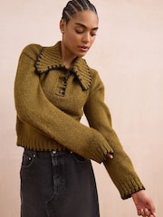 Green Olive Knitted Polo Jumper with Stitch Collar Detail - Image 1 of 8