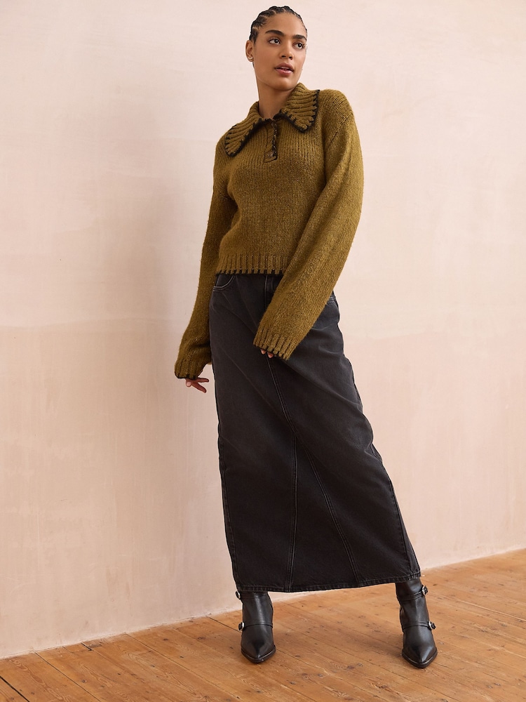 Green Olive Knitted Polo Jumper with Stitch Collar Detail - Image 2 of 8