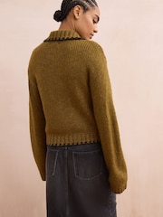Green Olive Knitted Polo Jumper with Stitch Collar Detail - Image 4 of 8