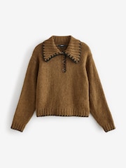 Green Olive Knitted Polo Jumper with Stitch Collar Detail - Image 6 of 8