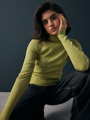 Green Lime High Roll Neck Rib Knitted Jumper with Wool - Image 1 of 8