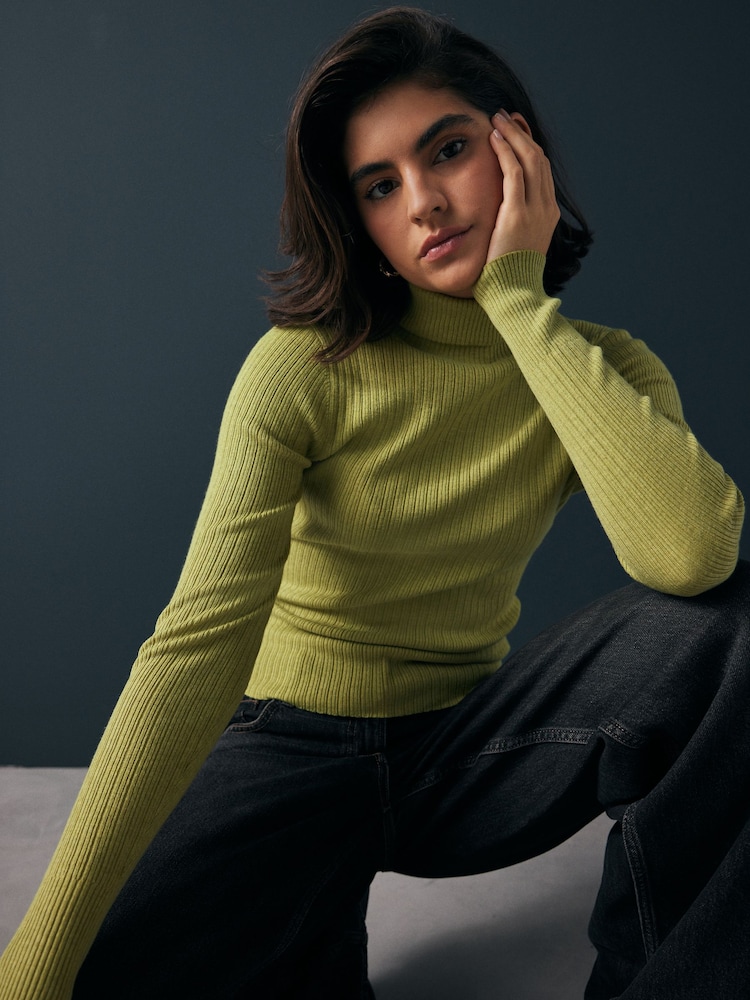 Green Lime High Roll Neck Rib Knitted Jumper with Wool - Image 1 of 8