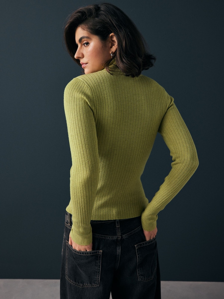 Green Lime High Roll Neck Rib Knitted Jumper with Wool - Image 3 of 8
