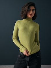Green Lime High Roll Neck Rib Knitted Jumper with Wool - Image 4 of 8