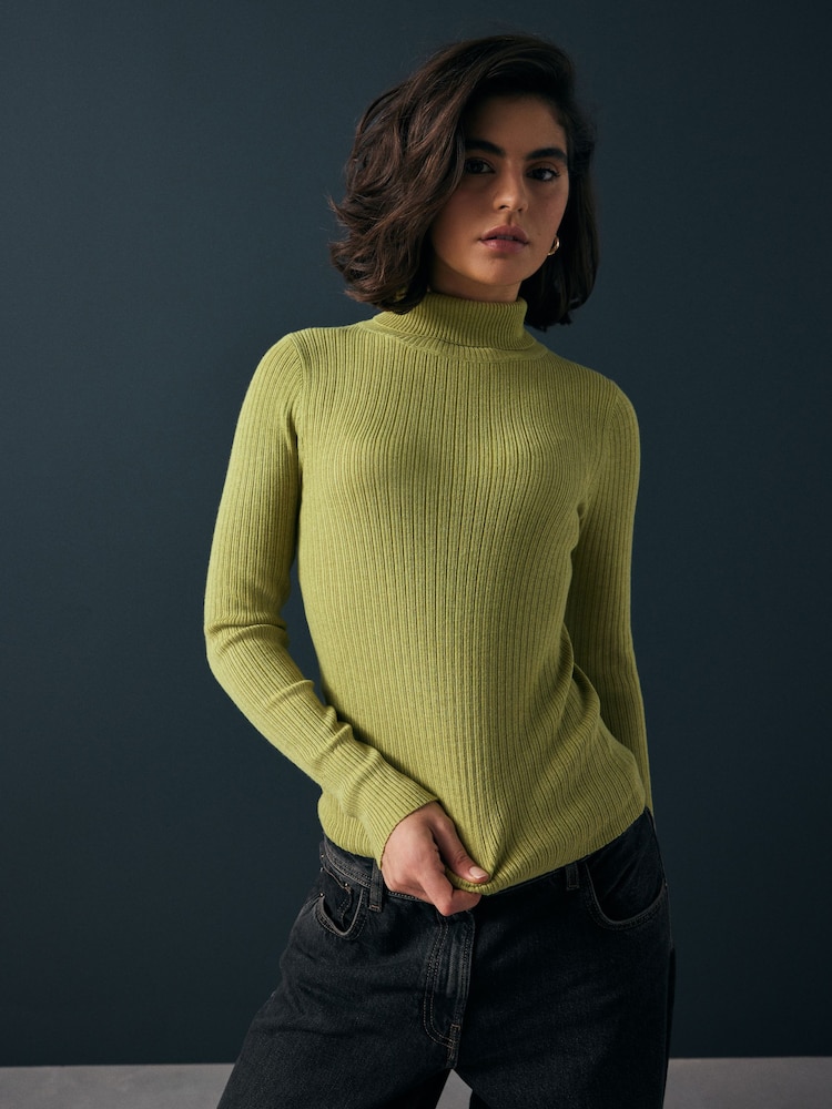 Green Lime High Roll Neck Rib Knitted Jumper with Wool - Image 4 of 8