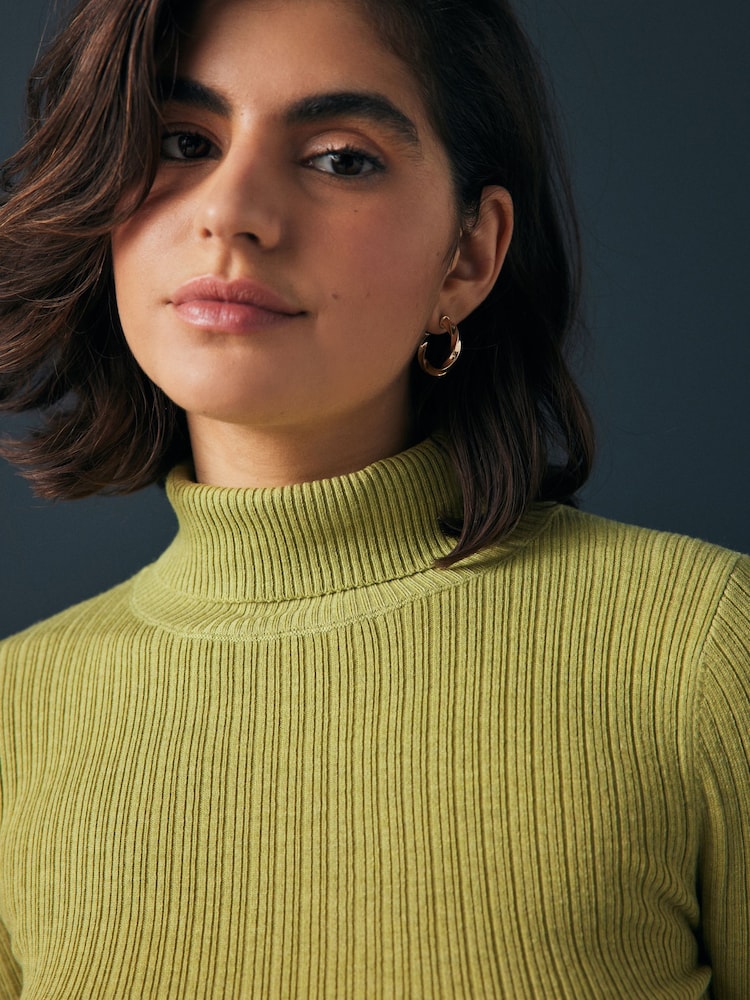 Green Lime High Roll Neck Rib Knitted Jumper with Wool - Image 5 of 8