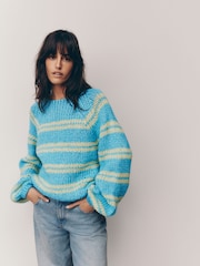 Blue Green Stripe Oversized Soft Touch Scoop Neck Chunky Knitted Jumper - Image 1 of 1