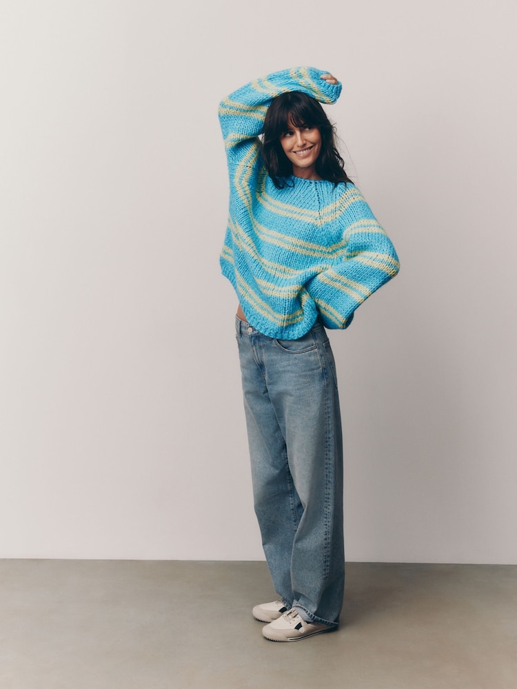 Blue Green Stripe Oversized Soft Touch Scoop Neck Chunky Knitted Jumper - Image 2 of 8