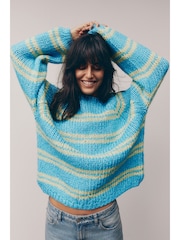 Blue Green Stripe Oversized Soft Touch Scoop Neck Chunky Knitted Jumper - Image 3 of 8