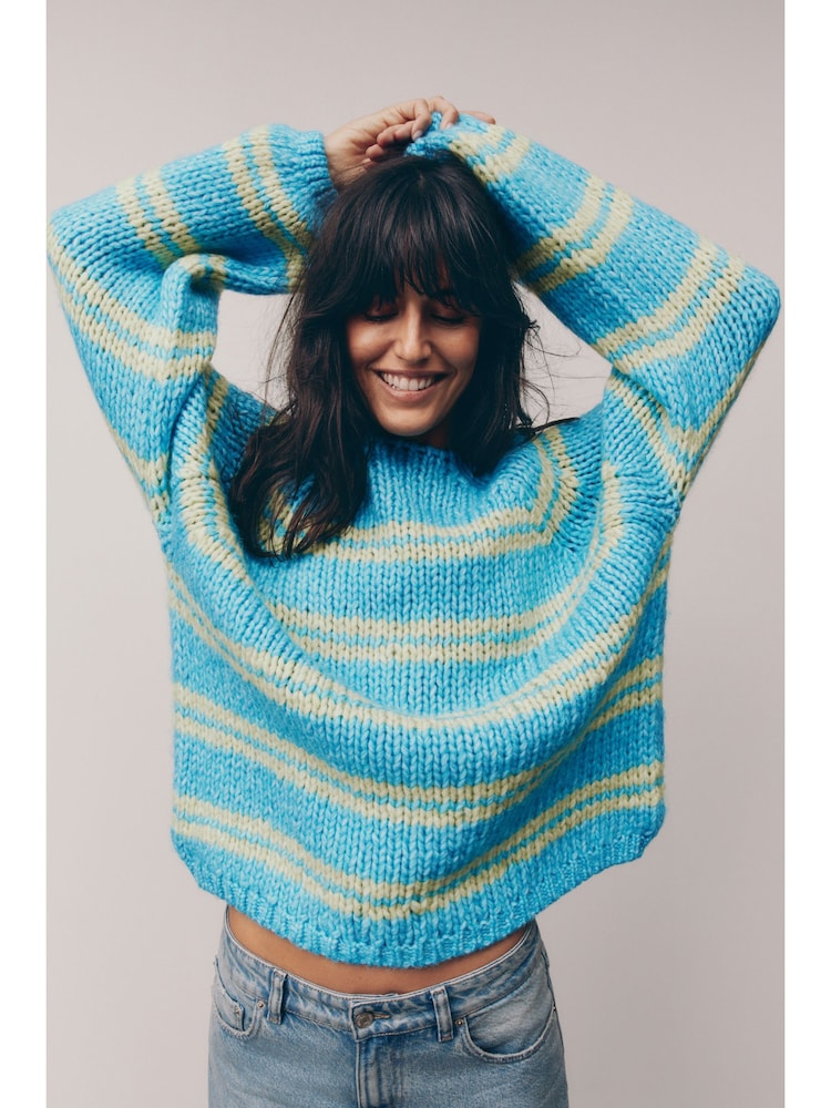 Blue Green Stripe Oversized Soft Touch Scoop Neck Chunky Knitted Jumper - Image 3 of 8