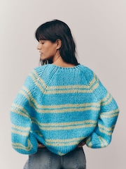 Blue Green Stripe Oversized Soft Touch Scoop Neck Chunky Knitted Jumper - Image 4 of 8