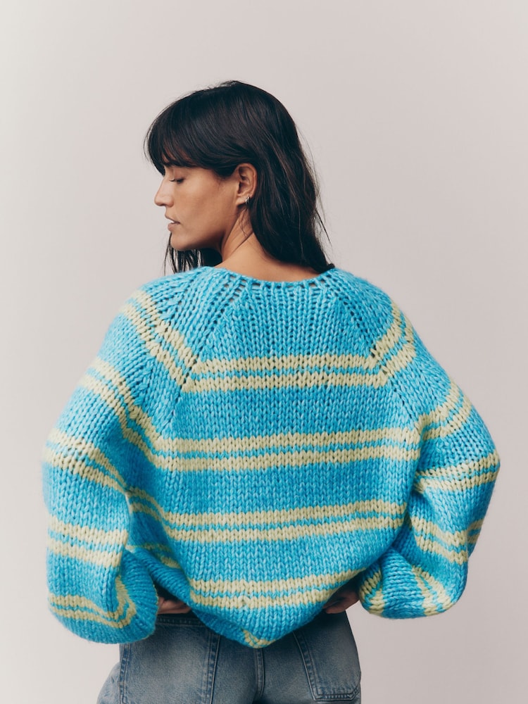 Blue Green Stripe Oversized Soft Touch Scoop Neck Chunky Knitted Jumper - Image 4 of 8