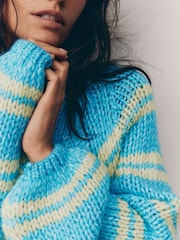 Blue Green Stripe Oversized Soft Touch Scoop Neck Chunky Knitted Jumper - Image 5 of 8