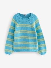 Blue Green Stripe Oversized Soft Touch Scoop Neck Chunky Knitted Jumper - Image 6 of 8