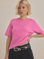 Pink Bright Short Sleeve Crew Neck Knitted T-Shirt With Wool - Image 1 of 7