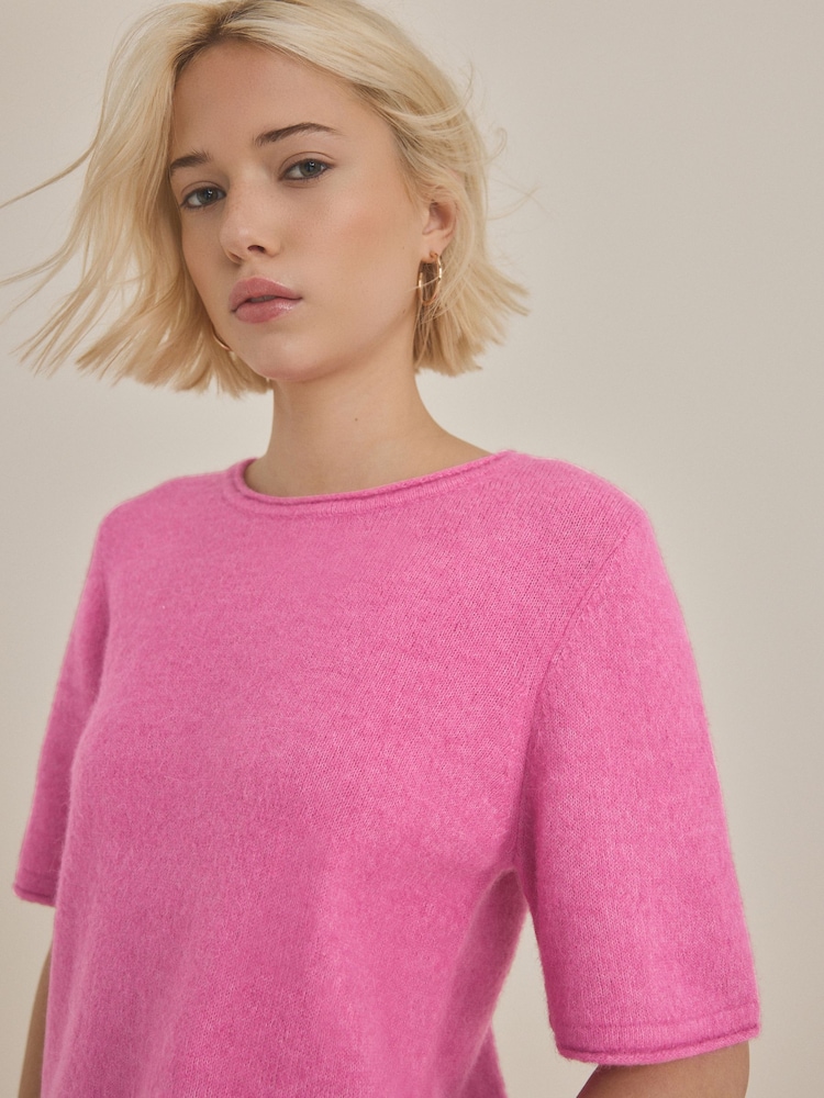 Pink Bright Short Sleeve Crew Neck Knitted T-Shirt With Wool - Image 2 of 7