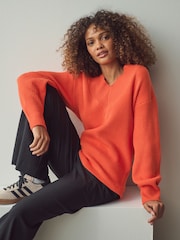 Orange Relaxed Fit Ribbed V-Neck Knitted Jumper - Image 1 of 8