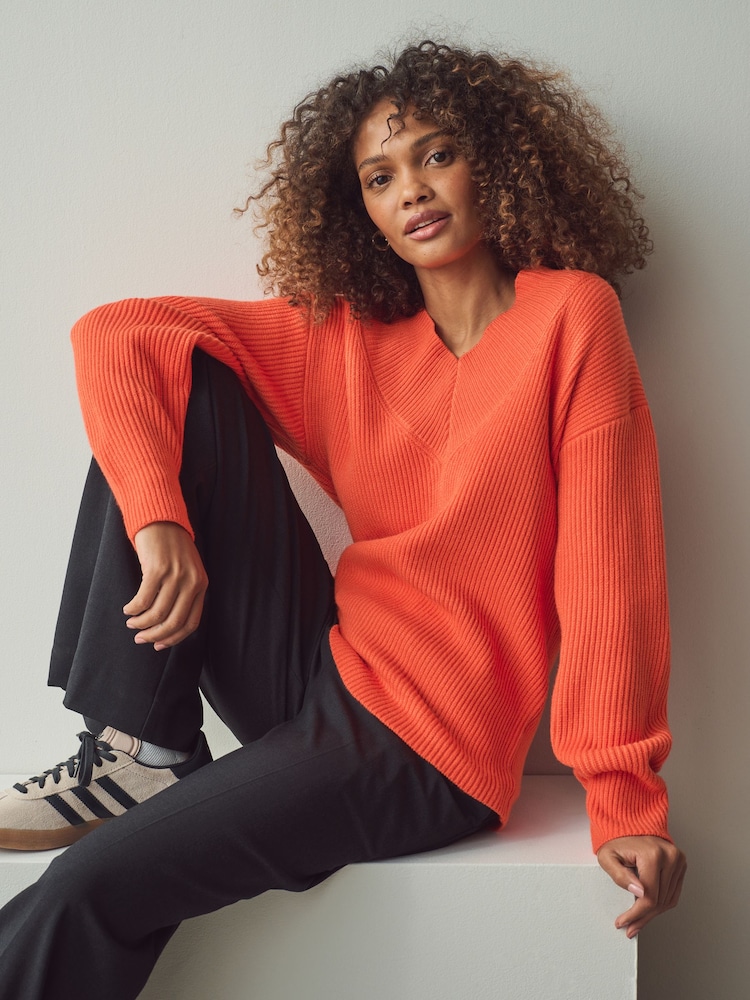 Orange Relaxed Fit Ribbed V-Neck Knitted Jumper - Image 1 of 8