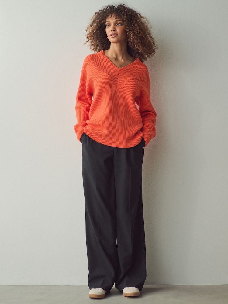 Orange Relaxed Fit Ribbed V-Neck Knitted Jumper - Image 2 of 8