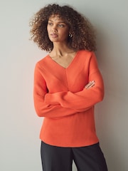 Orange Relaxed Fit Ribbed V-Neck Knitted Jumper - Image 3 of 8