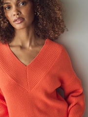 Orange Relaxed Fit Ribbed V-Neck Knitted Jumper - Image 5 of 8