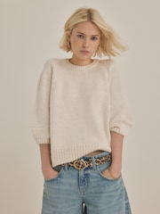 Ecru Half Sleeve Crew Neck Jumper with Wool - Image 1 of 7