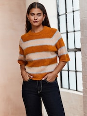 Orange Stripe Brushed Knitted T-Shirt - Image 1 of 7
