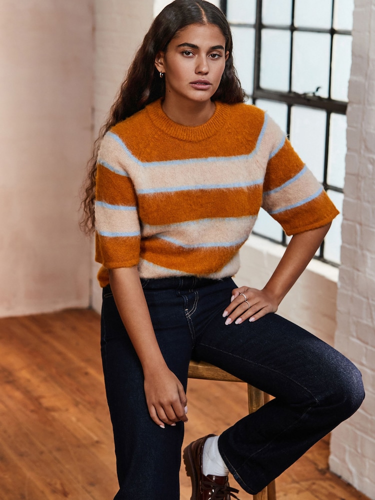Orange Stripe Brushed Knitted T-Shirt - Image 2 of 7