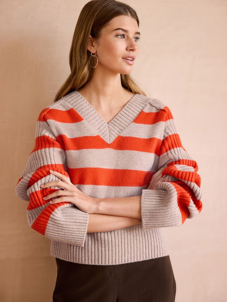 Orange Neutral Stripe Premium V-Neck Jumper - Image 1 of 9