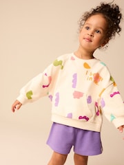 Cream/Purple 100% Cotton Sweatshirt and Shorts Set (3mths-7yrs) - Image 1 of 12