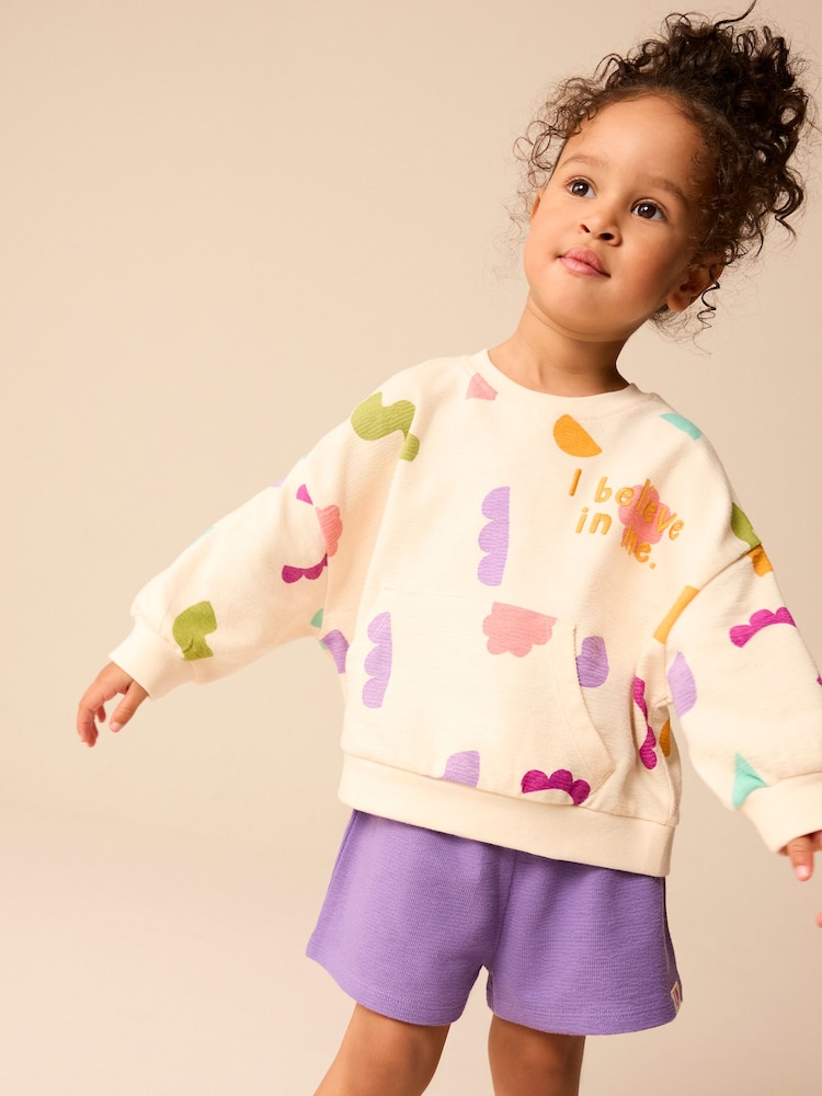 Cream/Purple 100% Cotton Sweatshirt and Shorts Set (3mths-7yrs) - Image 1 of 12