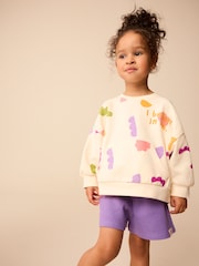 Cream/Purple 100% Cotton Sweatshirt and Shorts Set (3mths-7yrs) - Image 2 of 12