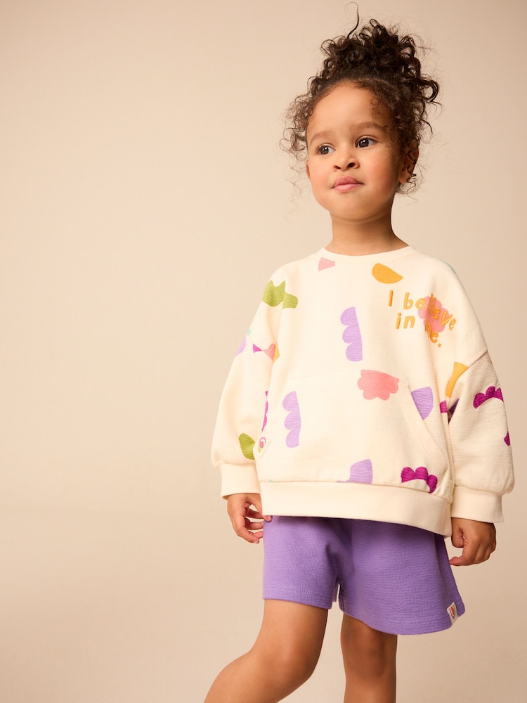 Cream/Purple 100% Cotton Sweatshirt and Shorts Set (3mths-7yrs) - Image 2 of 12