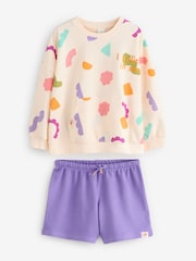 Cream/Purple 100% Cotton Sweatshirt and Shorts Set (3mths-7yrs) - Image 6 of 12
