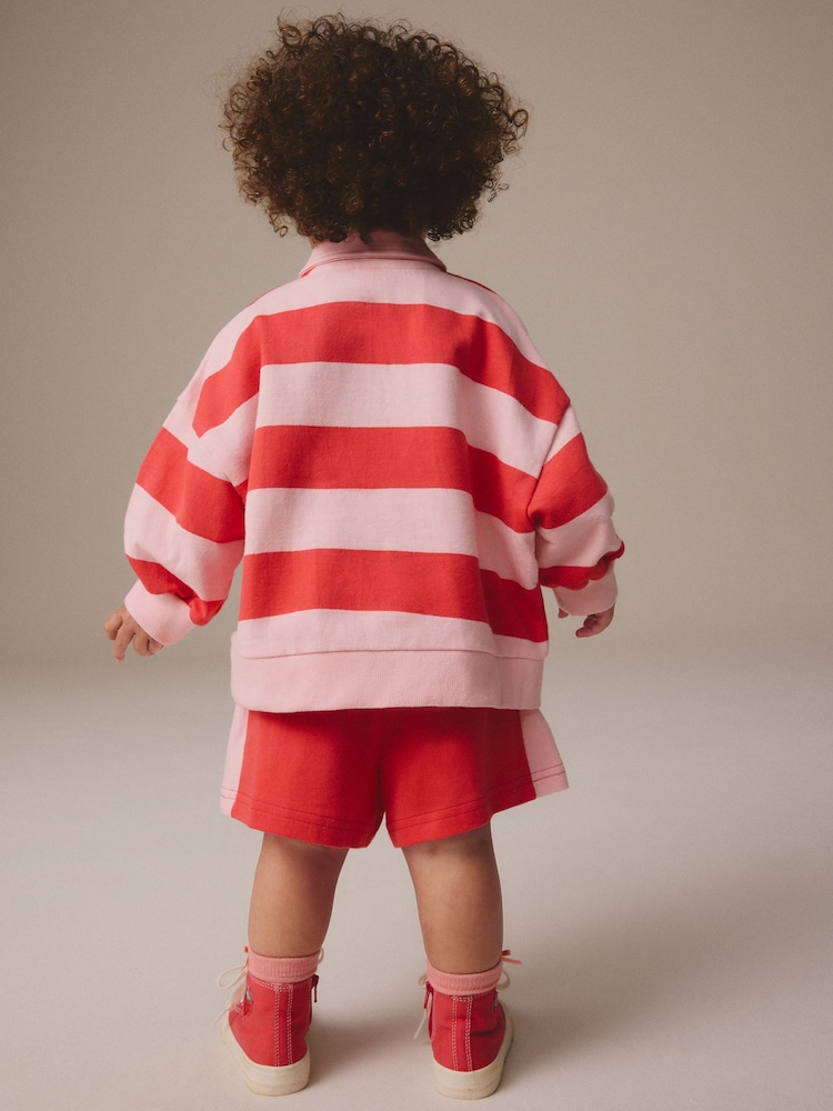 Red Strawberry Stripe 100% Cotton Rugby Top & Shorts Set (3mths-7yrs) - Image 3 of 11
