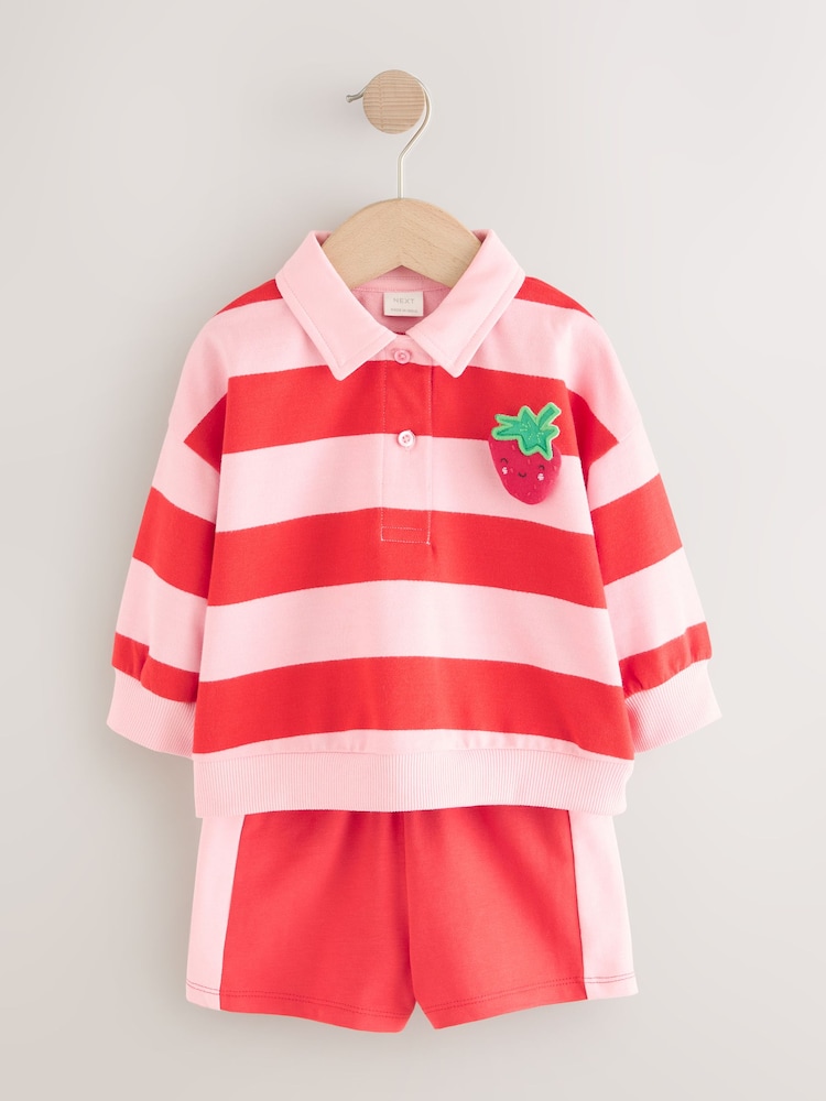 Red Strawberry Stripe 100% Cotton Rugby Top & Shorts Set (3mths-7yrs) - Image 5 of 11