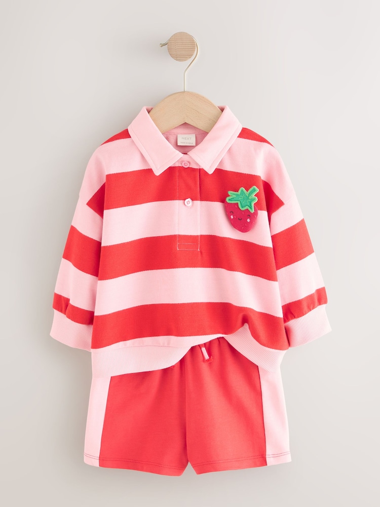 Red Strawberry Stripe 100% Cotton Rugby Top & Shorts Set (3mths-7yrs) - Image 6 of 11