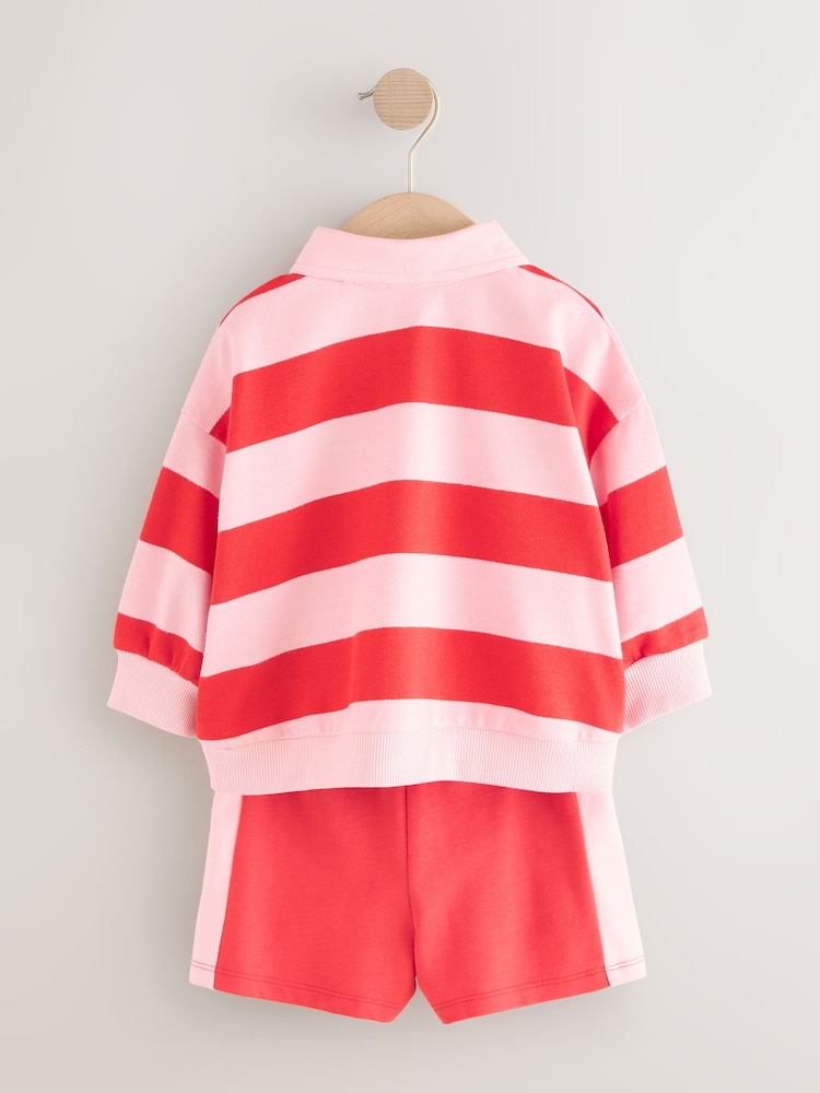 Red Strawberry Stripe 100% Cotton Rugby Top & Shorts Set (3mths-7yrs) - Image 7 of 11