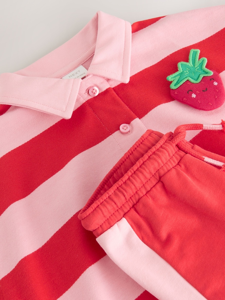 Red Strawberry Stripe 100% Cotton Rugby Top & Shorts Set (3mths-7yrs) - Image 9 of 11