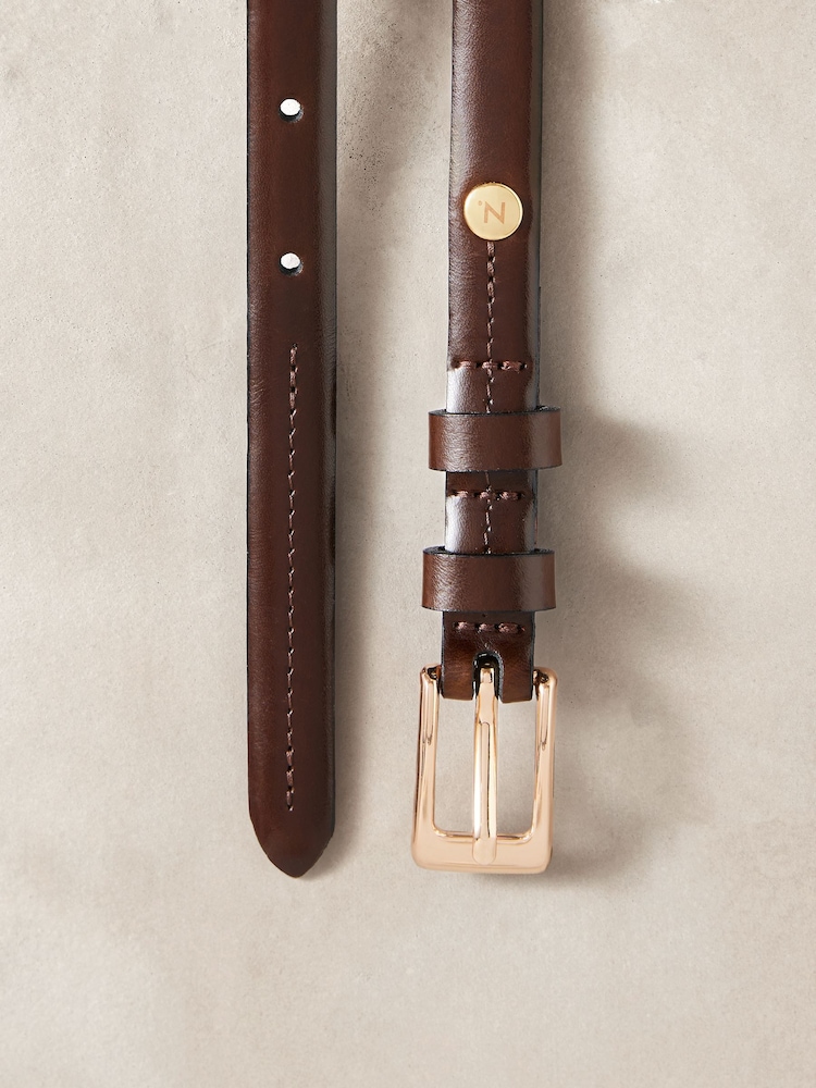 Marrón chocolate - Premium Made In Italy Leather Micro Skinny Belt - Imagen 4 de 4