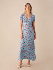 Ro&Zo Blue Petite Leopard Print Puff Sleeve Midi Dress - Image 1 of 4
