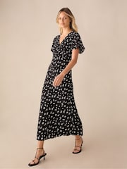 Ro&Zo Black Ditsy Floral Print Flutter Sleeve Midi Dress - Image 1 of 4